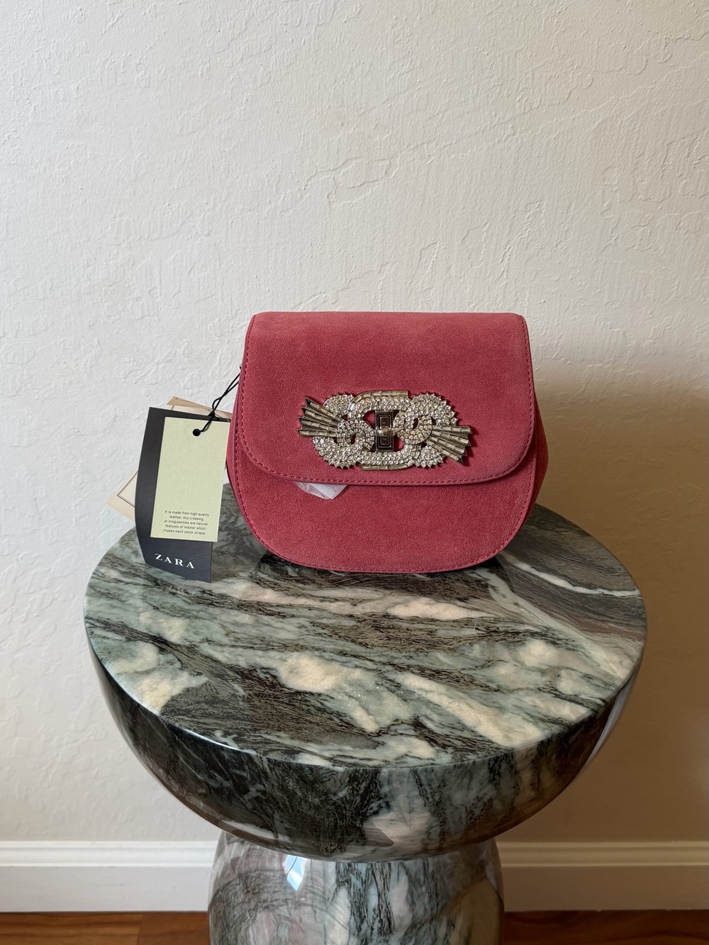 Zara Pink Suede Crossbody with Rhinstone-embellished Buckle